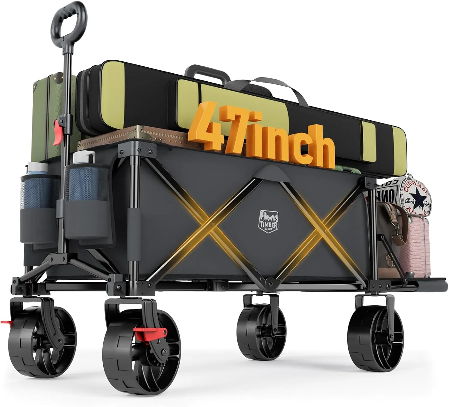 TIMBER RIDGE 47" L Collapsible Folding Wagon with Tailgate, 300lbs Heavy Duty Beach Wagon with All-Terrain Big Wheels, 250L Foldable Utility Cart for Sand Camping Sports Shopping, Grey