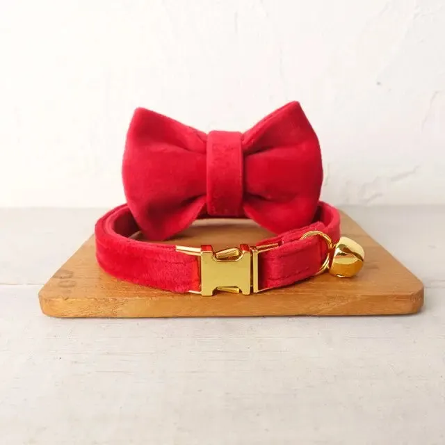 Velvet Cat Collar w/ Bowtie - Engrave Your Pet's ID