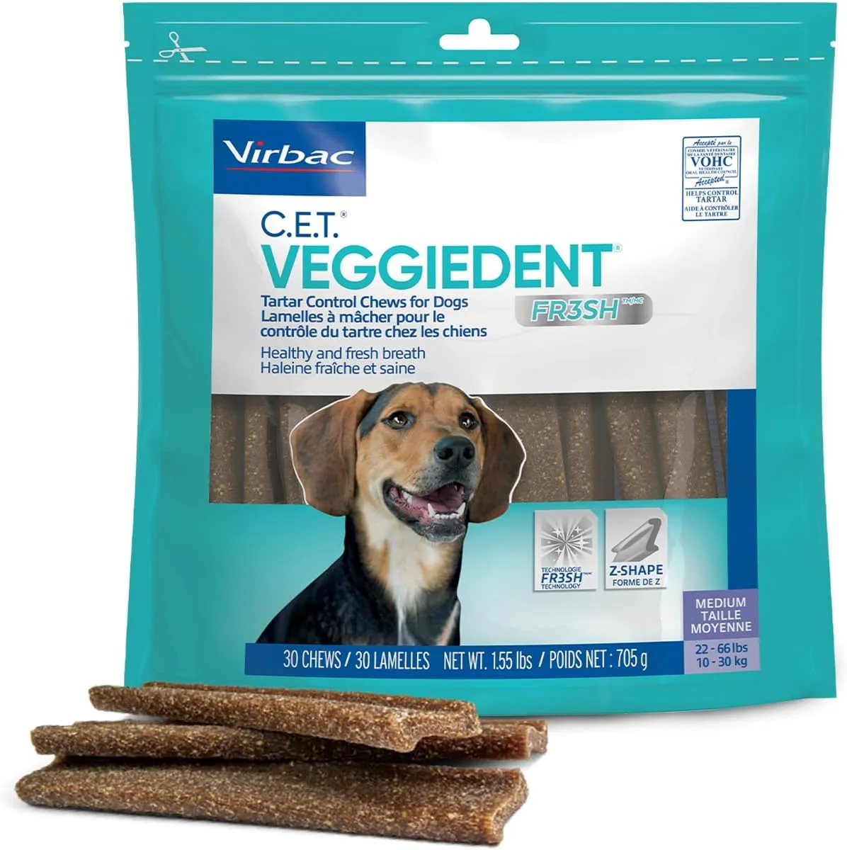 Virbac CET VEGGIEDENT FR3SH Tartar Control Chews for Dogs, Medium (Pack of 30)