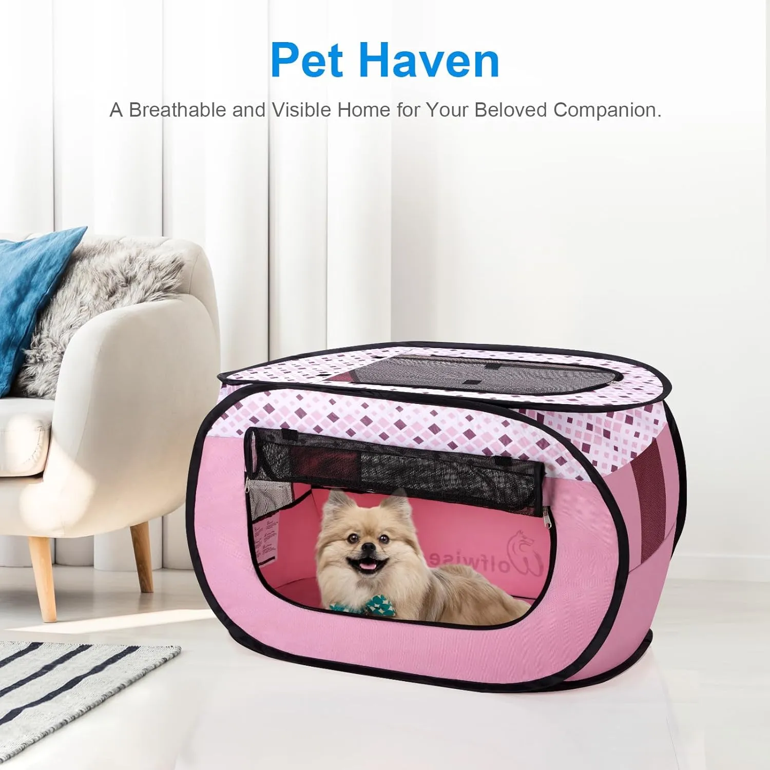 Wolfwise Pet Playpen, Pop Up Portable Dog Crate Indoor, 600D Oxford Portable Exercise Puppy Kennel, Soft Cat Tent Kitten Cage for Outdoor Camping Travel Use with Carrying Bag, Medium, Pink