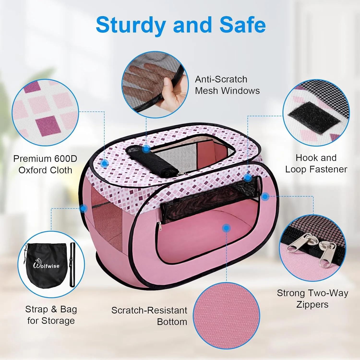 Wolfwise Pet Playpen, Pop Up Portable Dog Crate Indoor, 600D Oxford Portable Exercise Puppy Kennel, Soft Cat Tent Kitten Cage for Outdoor Camping Travel Use with Carrying Bag, Medium, Pink