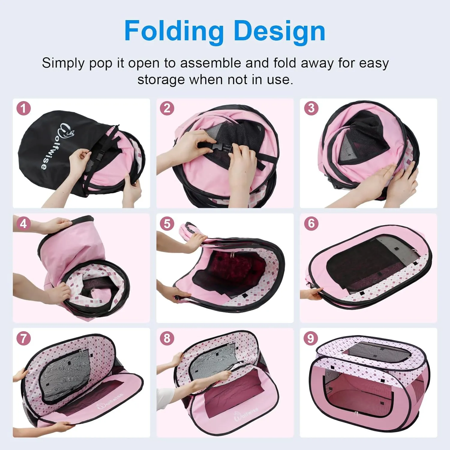 Wolfwise Pet Playpen, Pop Up Portable Dog Crate Indoor, 600D Oxford Portable Exercise Puppy Kennel, Soft Cat Tent Kitten Cage for Outdoor Camping Travel Use with Carrying Bag, Medium, Pink