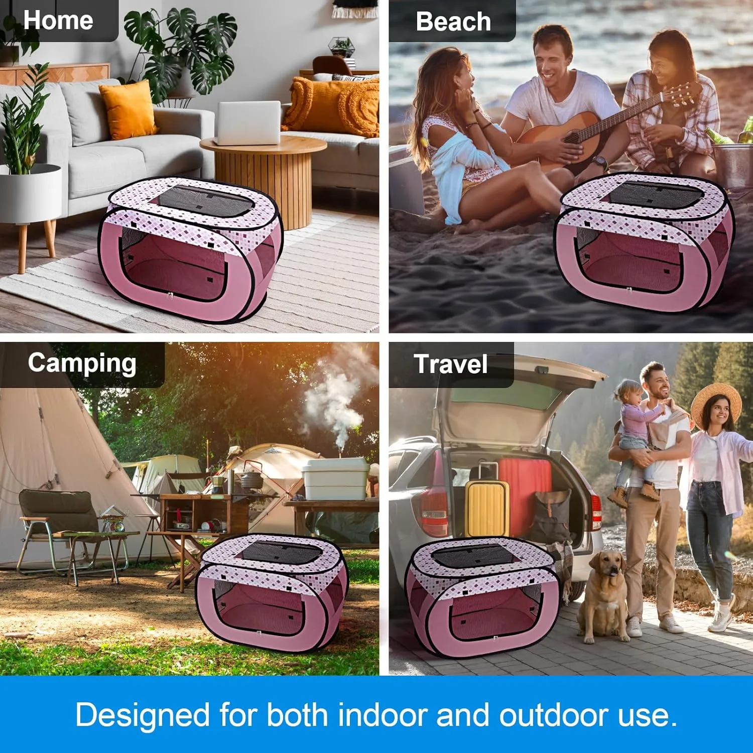 Wolfwise Pet Playpen, Pop Up Portable Dog Crate Indoor, 600D Oxford Portable Exercise Puppy Kennel, Soft Cat Tent Kitten Cage for Outdoor Camping Travel Use with Carrying Bag, Medium, Pink
