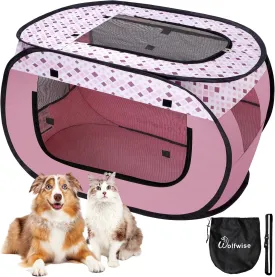 Wolfwise Pet Playpen, Pop Up Portable Dog Crate Indoor, 600D Oxford Portable Exercise Puppy Kennel, Soft Cat Tent Kitten Cage for Outdoor Camping Travel Use with Carrying Bag, Medium, Pink