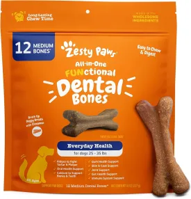 Zesty Paws Dental Bones - Fights Tartar & Plaque - Gum, Teeth & Bone Health - Cinnamon for Dog Breath - Immune, Joint, Gut, Skin & Coat Support - Omega 3 EPA & DHA and Calcium - Medium Dogs - 12 ct