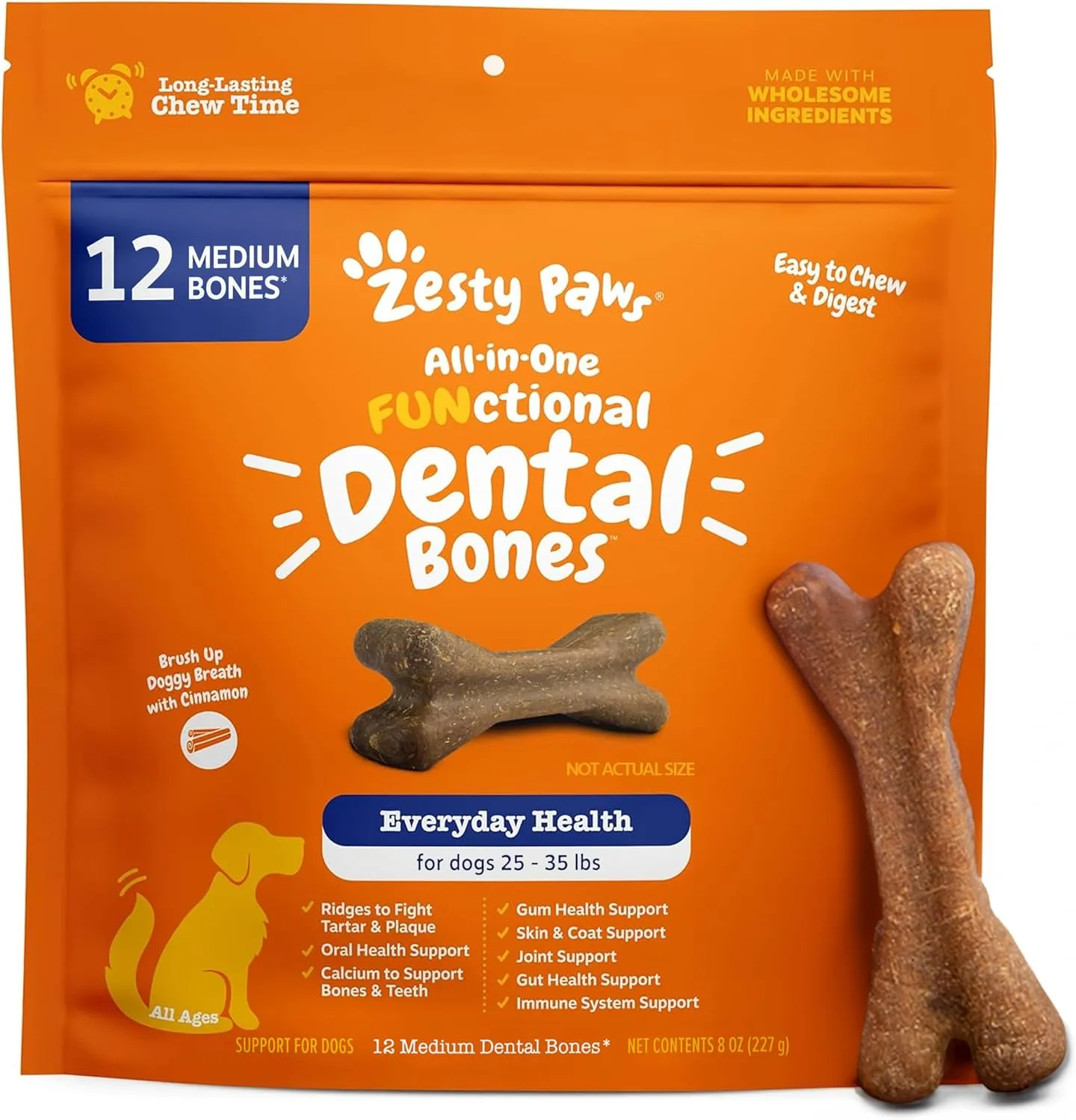 Zesty Paws Dental Bones - Fights Tartar & Plaque - Gum, Teeth & Bone Health - Cinnamon for Dog Breath - Immune, Joint, Gut, Skin & Coat Support - Omega 3 EPA & DHA and Calcium - Medium Dogs - 12 ct